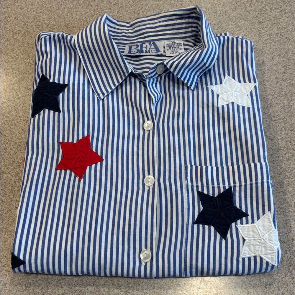 BFA Classics Women’s XL Patriotic Long-sleeve Button Down Shirt, Fun!